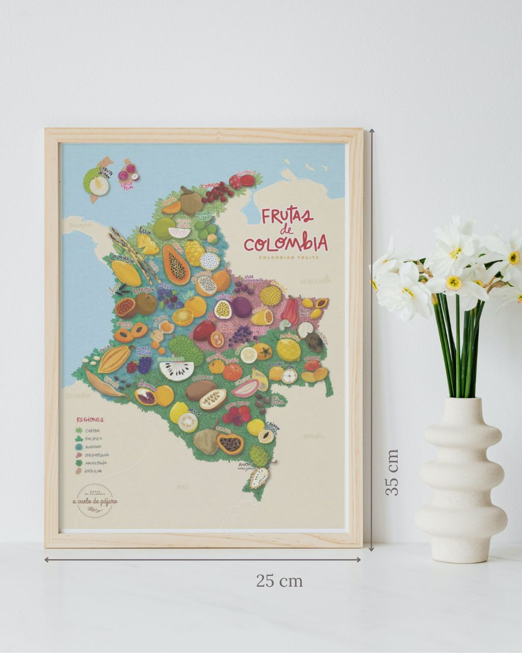 Mapa de frutas de Colombia, con enmarcado artesanal, tamaño pequeño de 25 x 35 centímetros.