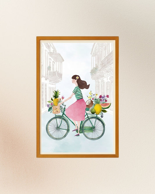 Poster Bicicleta con Frutas, versión con enmarcado artesanal en madera natural