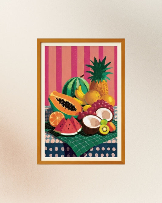 Poster Bodegón Caribe, versión con enmarcado artesanal en madera natural.