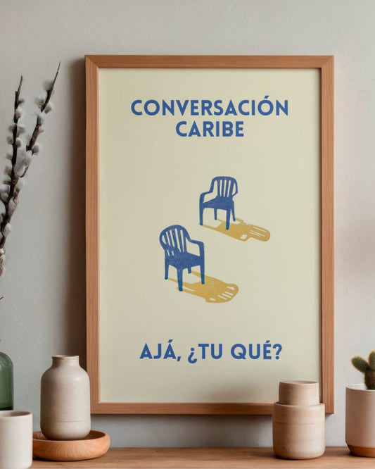 Poster Conversación Caribe con enmarcado artesanal en madera natural