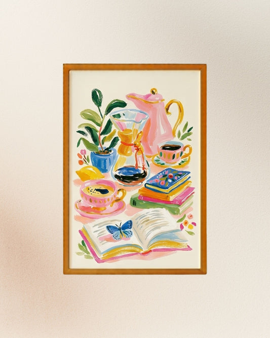Poster Libros, Naturaleza y Café, versión con enmarcado artesanal en madera natural.