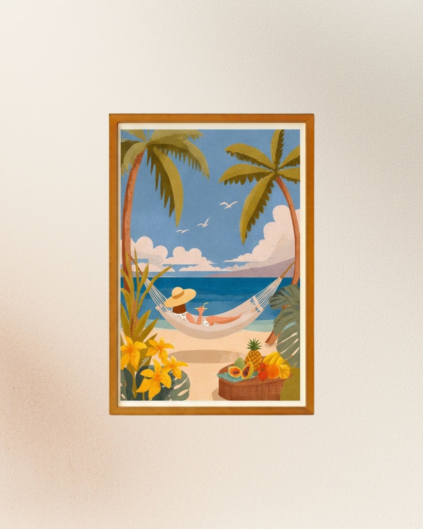 Poster Mujer en Hamaca, versión con enmarcado artesanal en madera natural