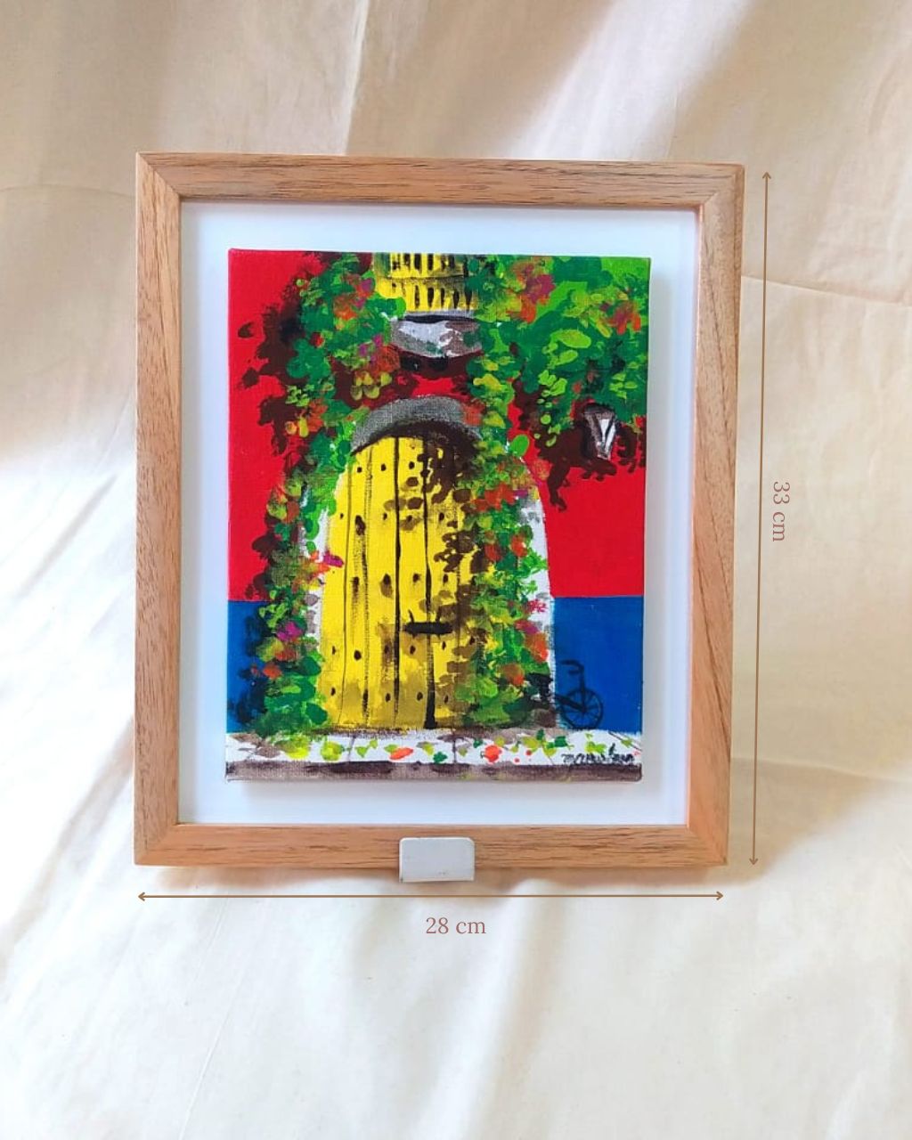 Óleo sobre lienzo enmarcado inspirado en la infraestructura coloneal y cultura caribe en colores amarillo, azul y rojo