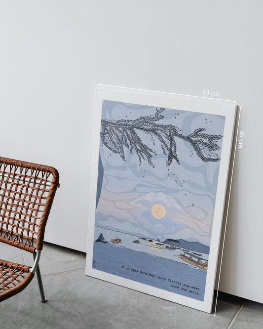 Poster Yace una Perla enmarcado artesanalmente en retablo.