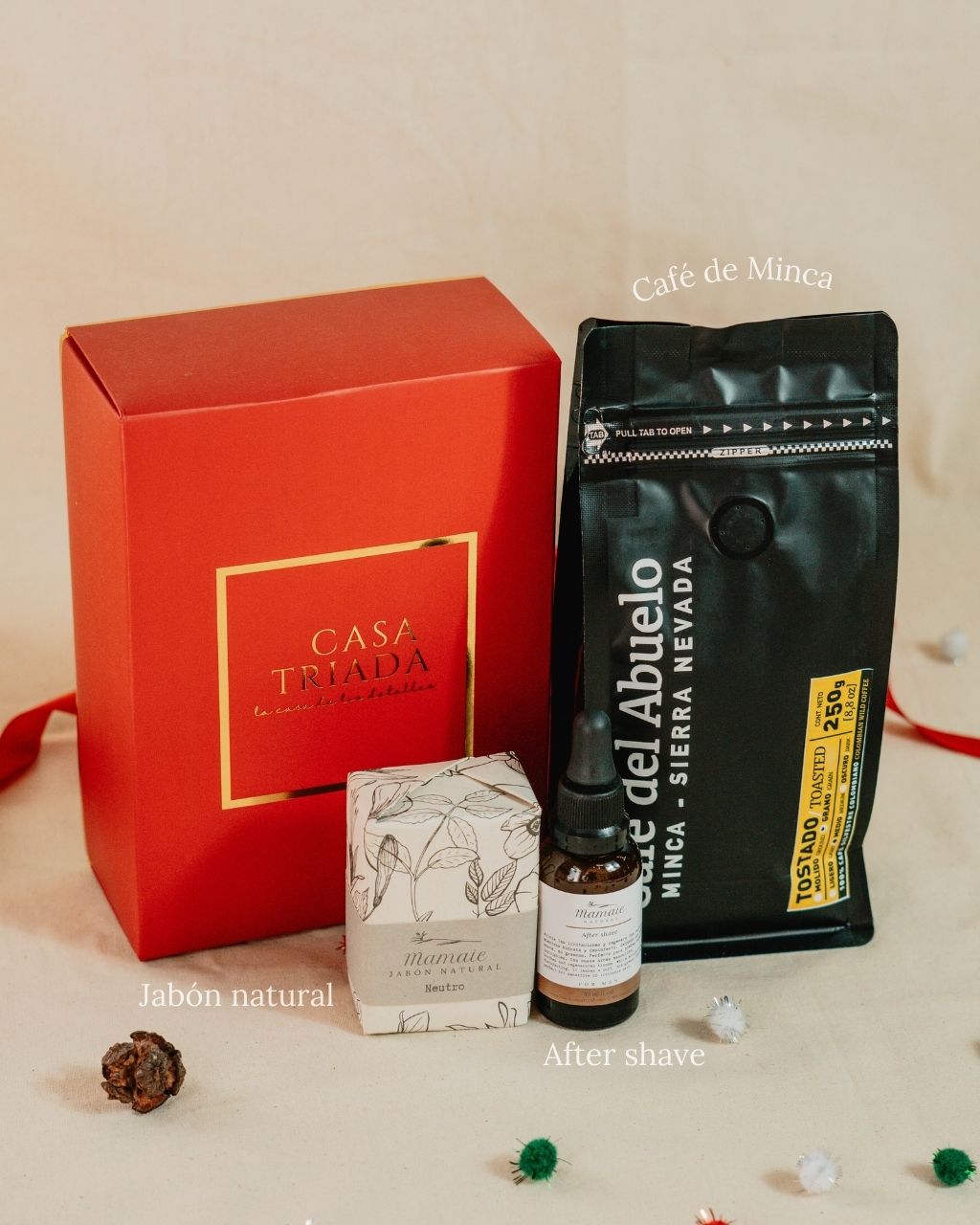 Kit para hombres, con café orgánico de 250 gr, jabón natural y serum facial para después del afeitado en hermosa caja de regalo.
