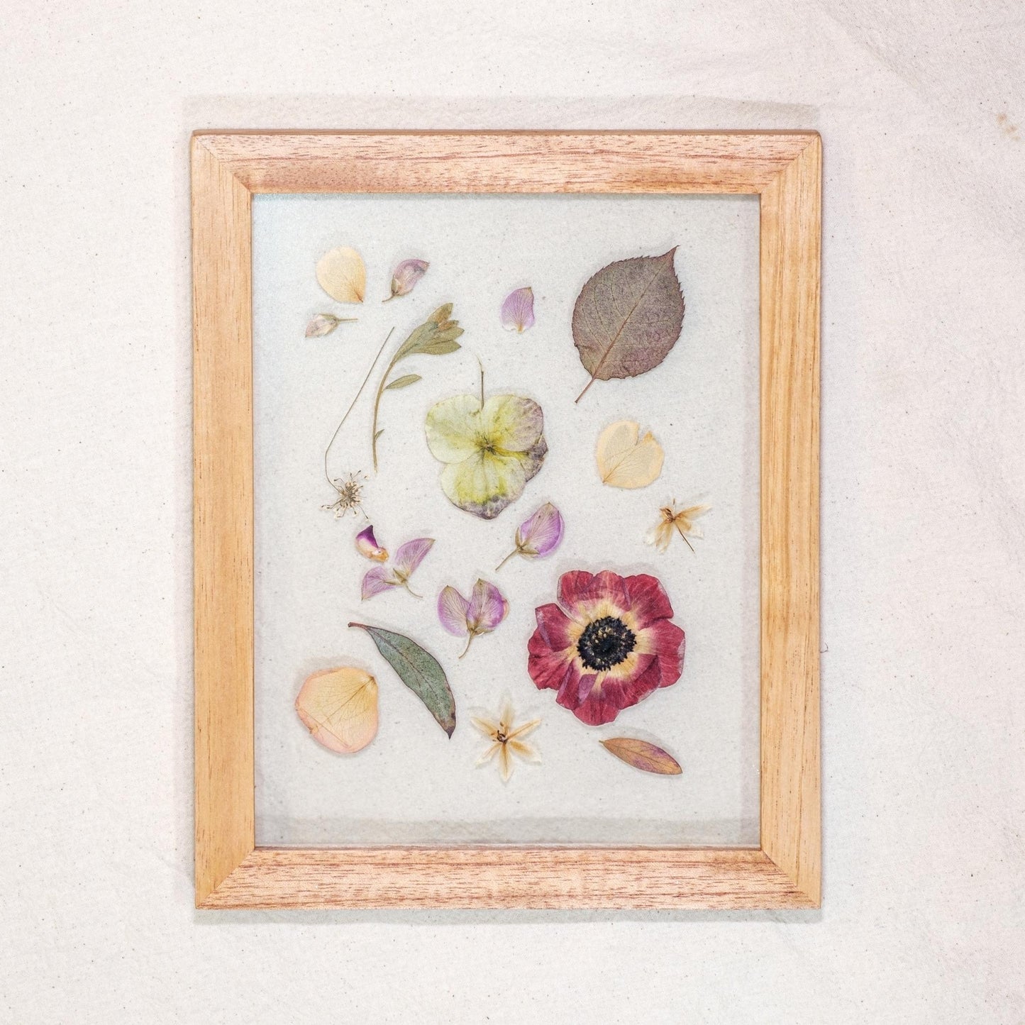 Cuadro de flores rojizas prensadas entre vidrios tamaño 18 x 23 cm