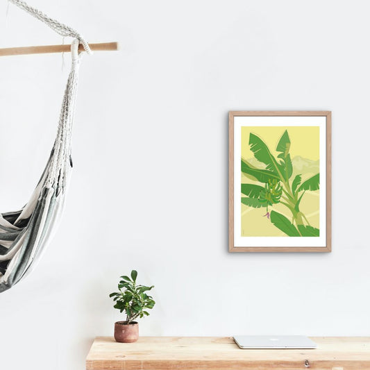 Poster colorido y enmarcado que representa un platanal del Caribe Colombiano.