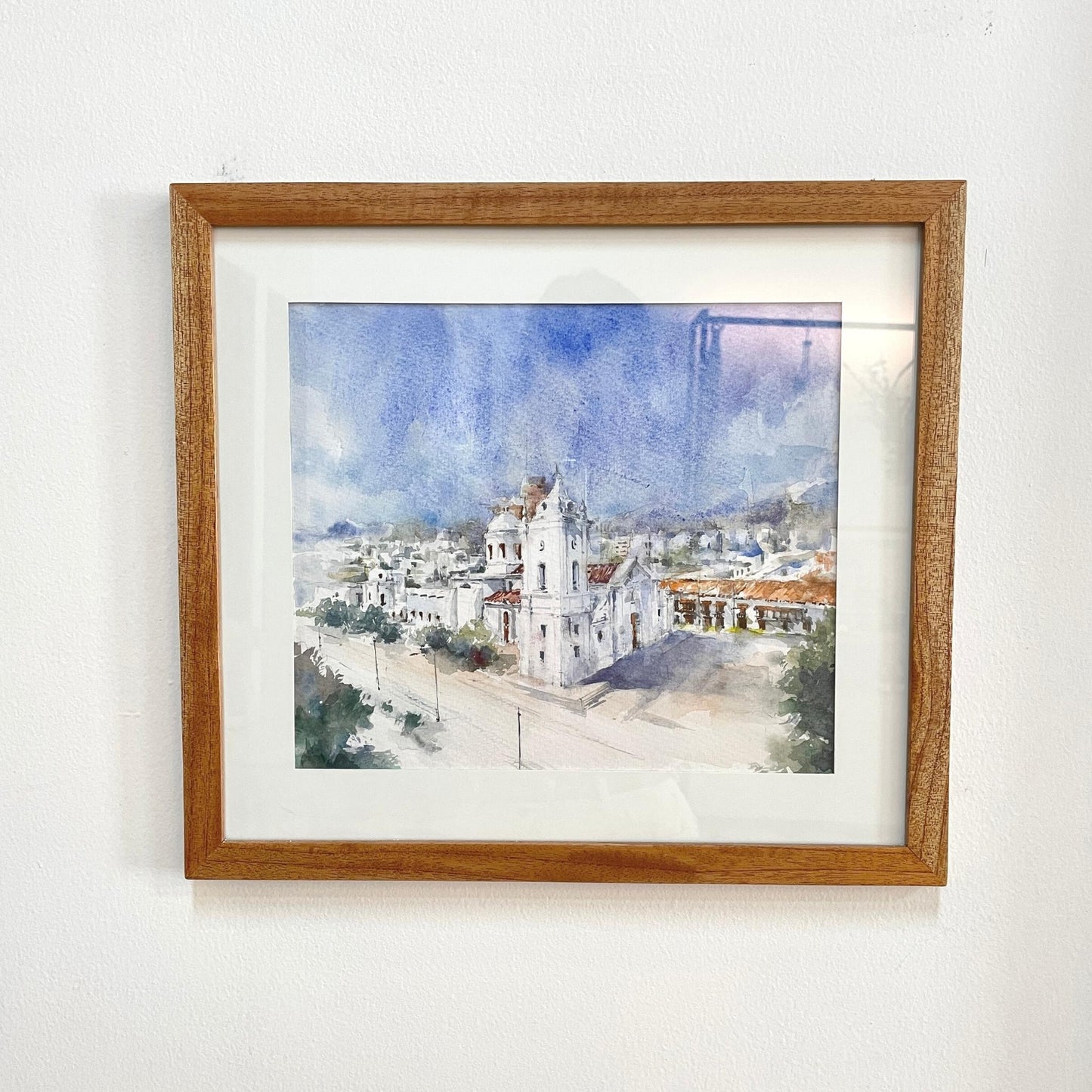Arte en acuarela pintado por artista samario que ilustra la Catedral Basílica de Santa Marta, la más antigua de Colombia.