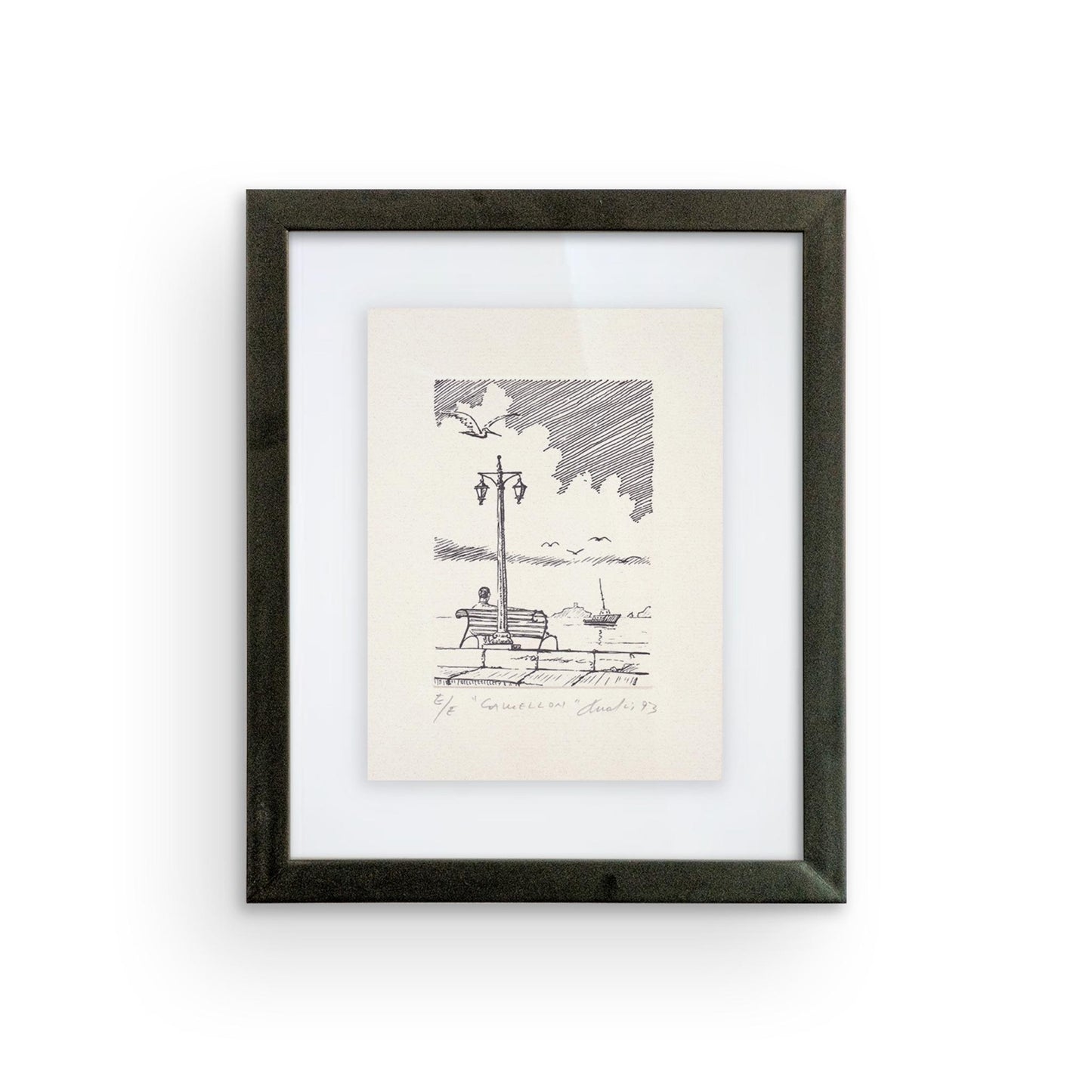 Serigrafía de Ángel Almendrales de la bahía de Santa Marta en blanco y negro