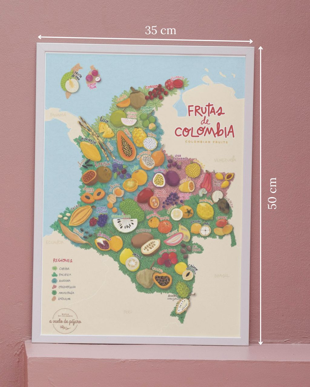 Mapa de frutas de Colombia, con enmarcado artesanal, tamaño grande de 35 x 50 centímetros.