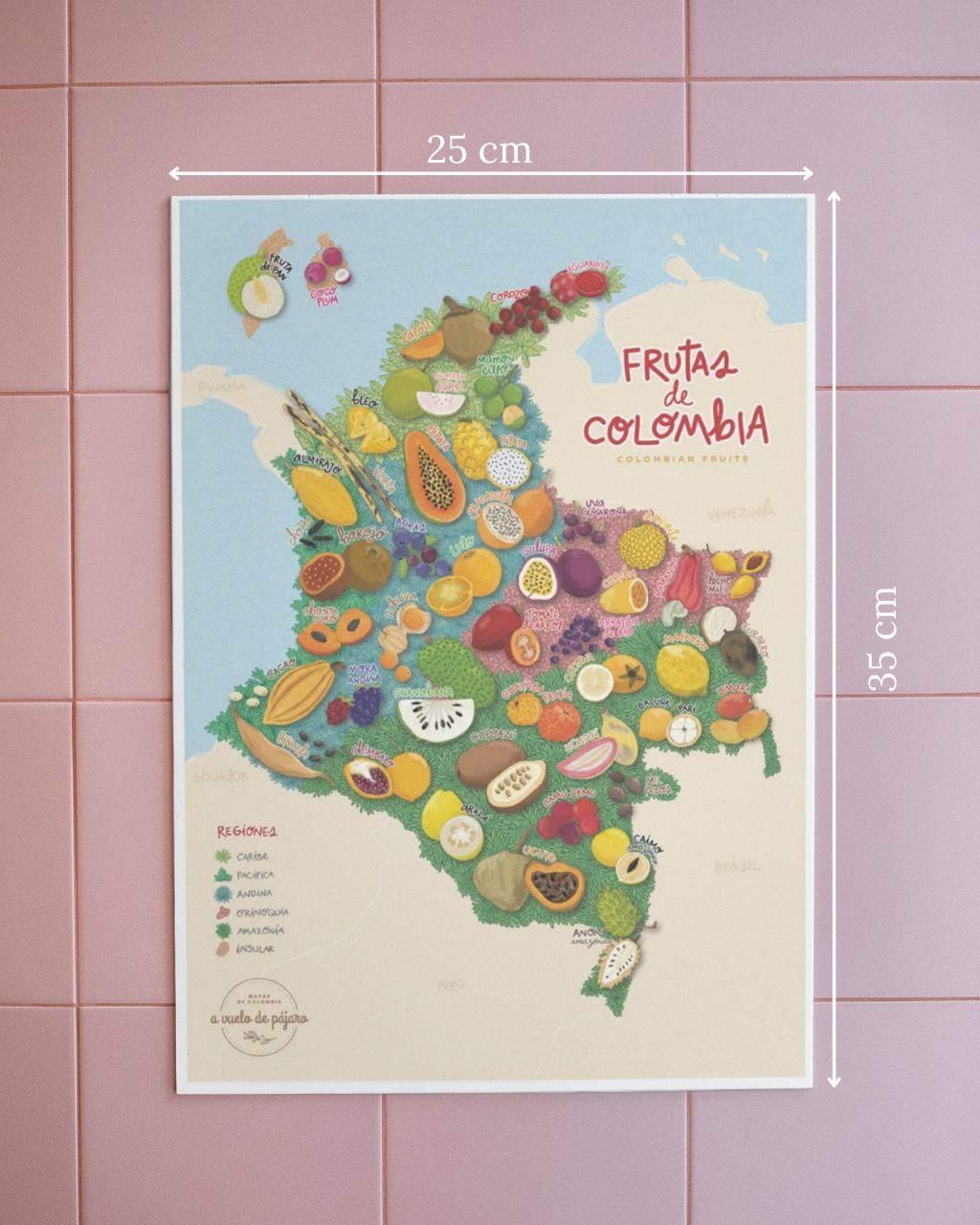 Mapa de frutas de Colombia, tamaño pequeño de 25 x 35 centímetros.