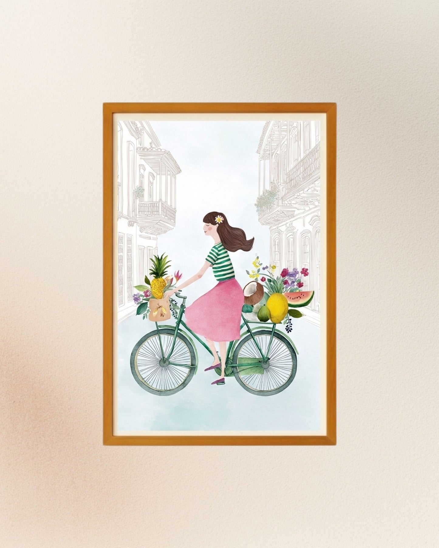 Poster Bicicleta con Frutas, versión con enmarcado artesanal en madera natural
