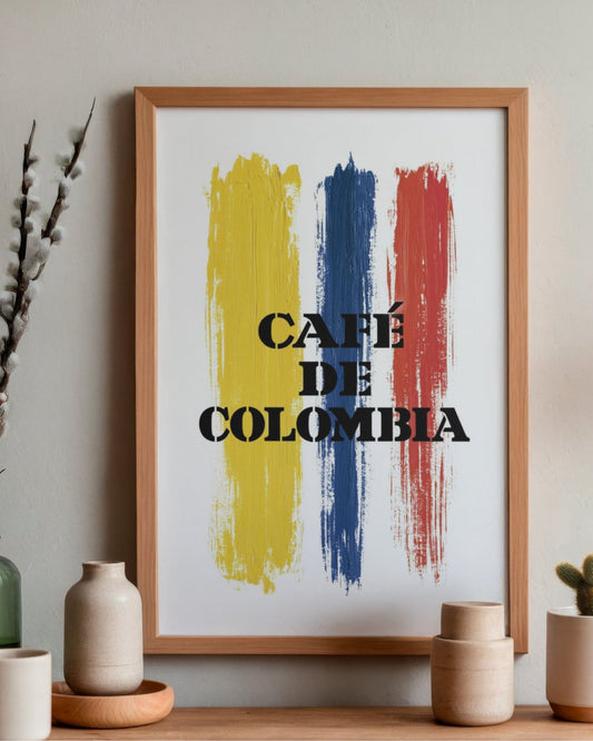 Poster Café de Colombia, versión enmarcada con madera natural