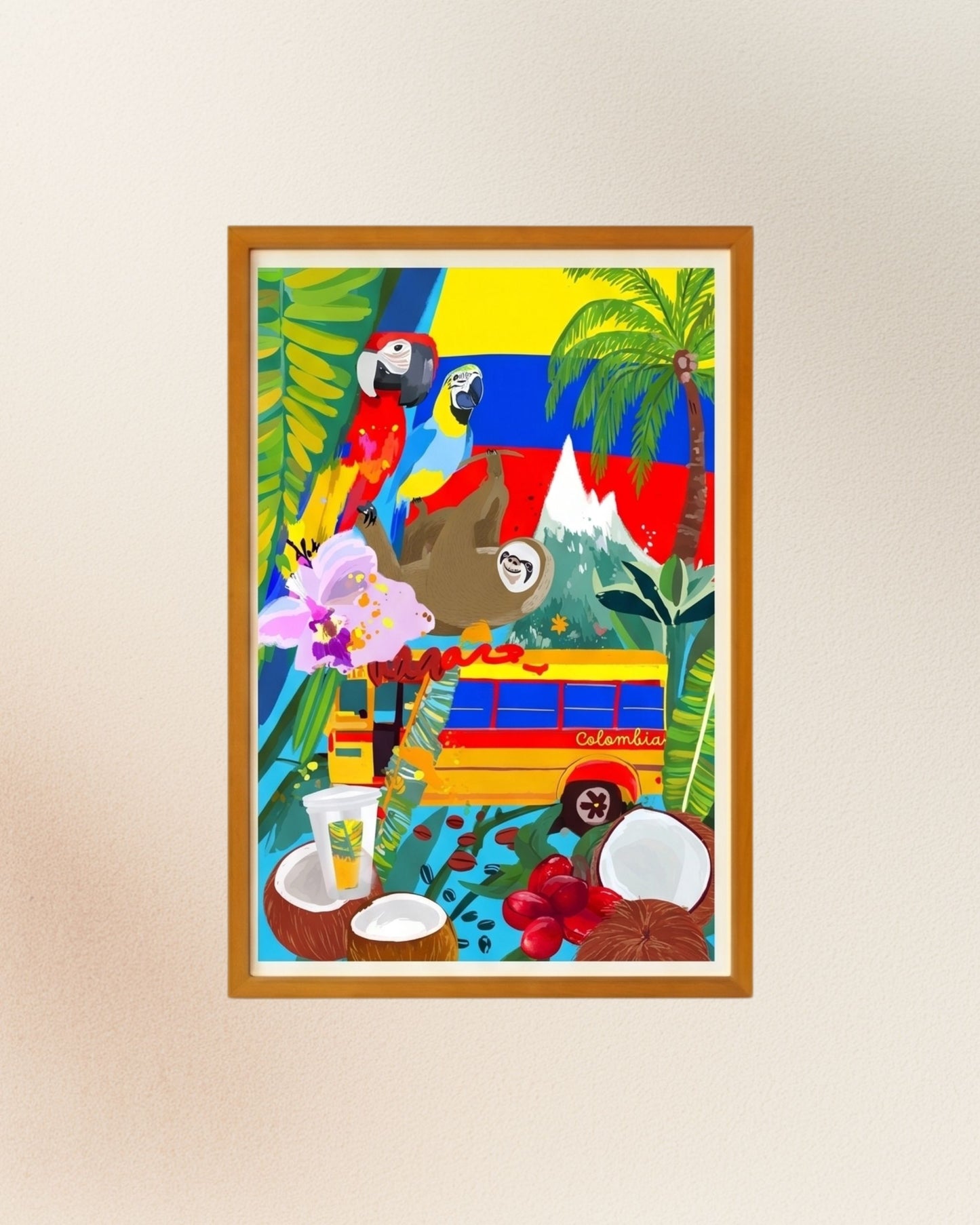 Poster Colombia Tropical, versión con enmarcado artesanal en madera natural.