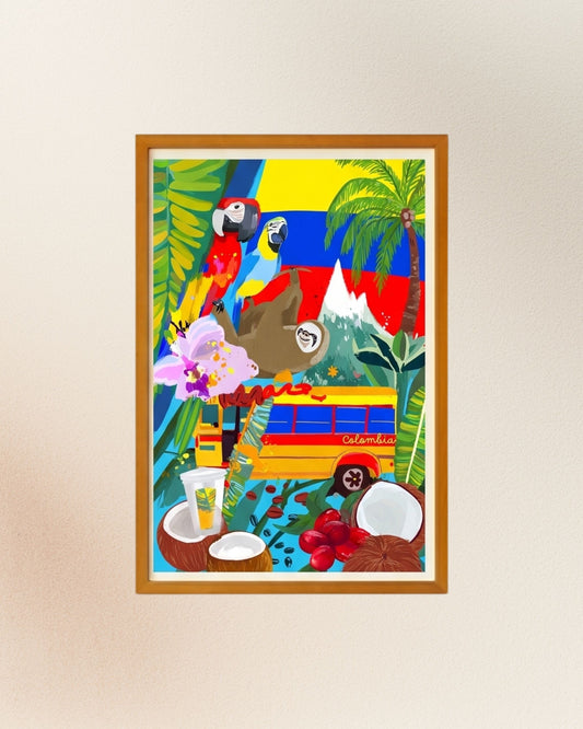 Poster Colombia Tropical, versión con enmarcado artesanal en madera natural.
