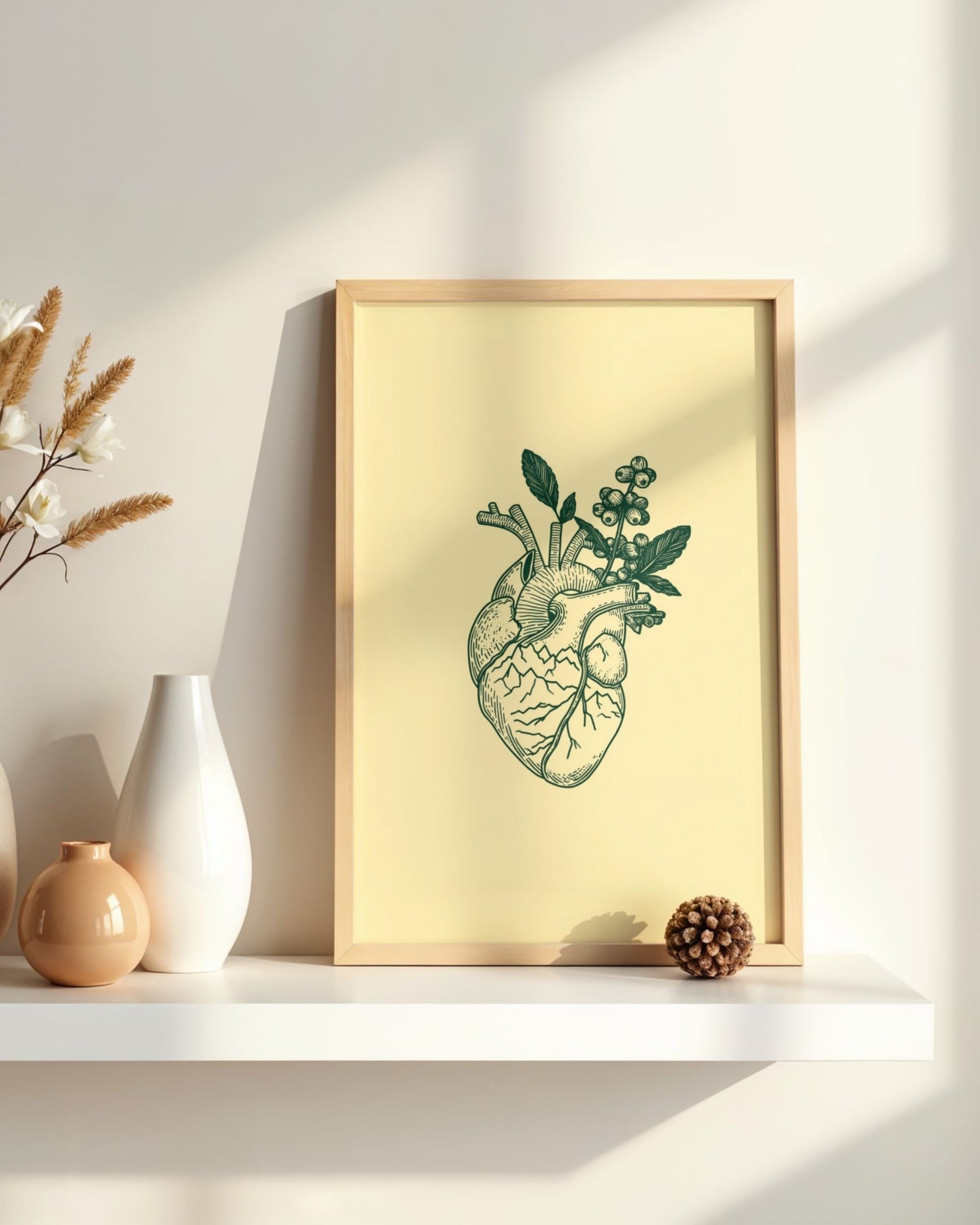 Poster Corazón de Café, con enmarcado artesanal en madera natural