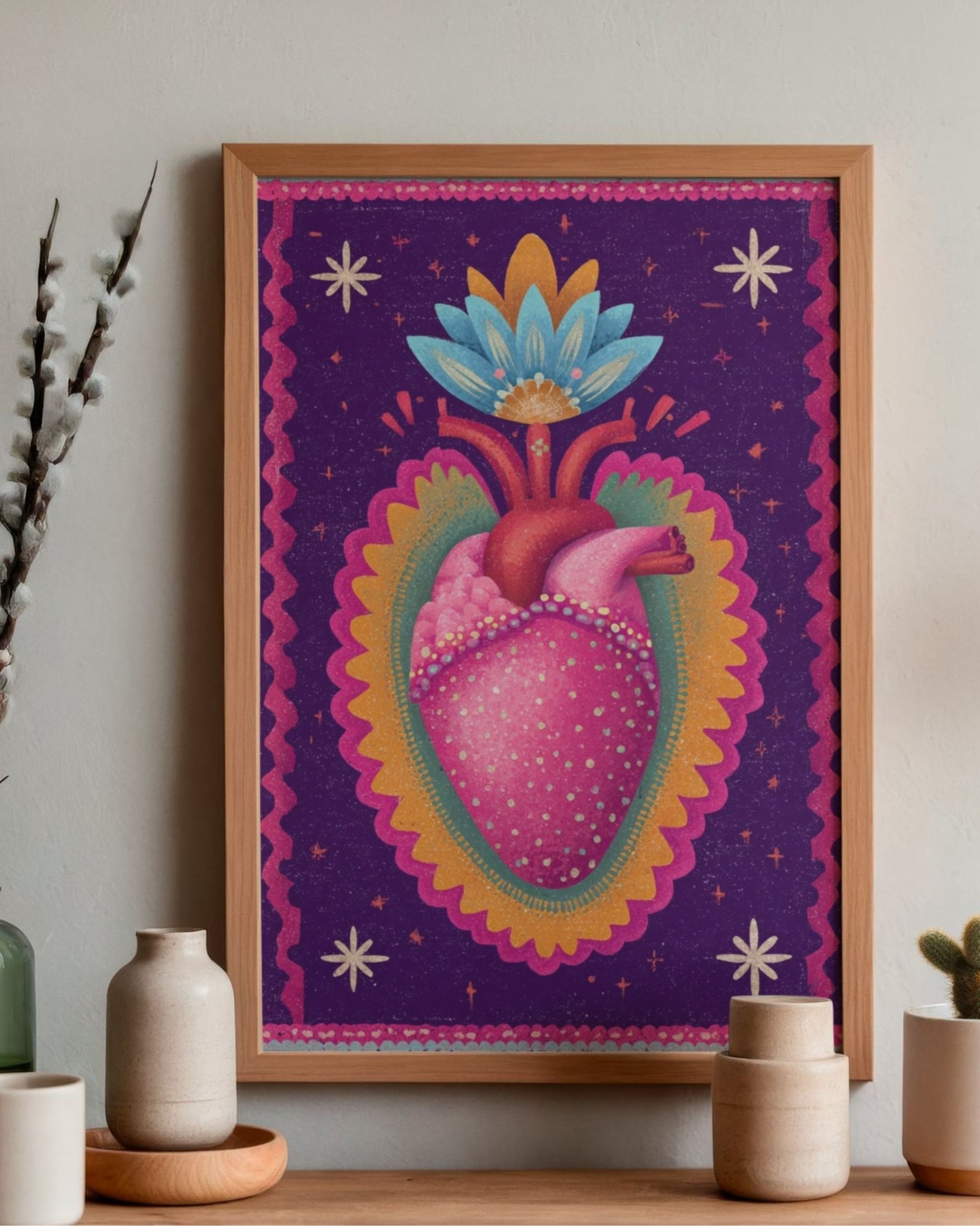 Poster Corazón en Flor, con enmarcado artesanal en madera natural