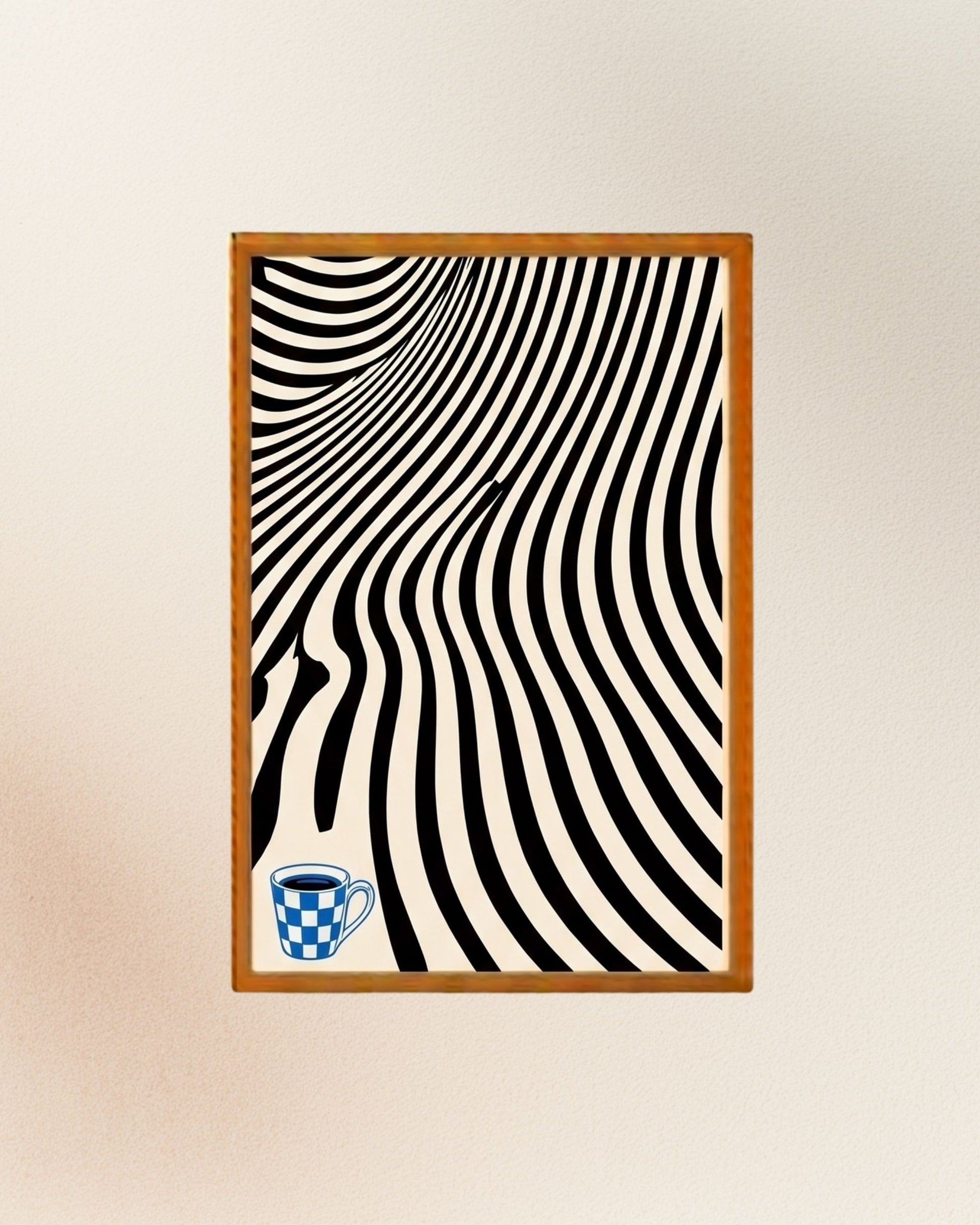 Poster Ondas Op Art y Café, versión con enmarcado artesanal en madera natural