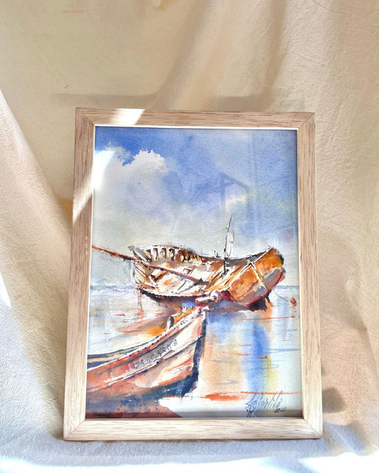 Obra en acuarela que ilustra los botes en Taganga, Santa Marta.