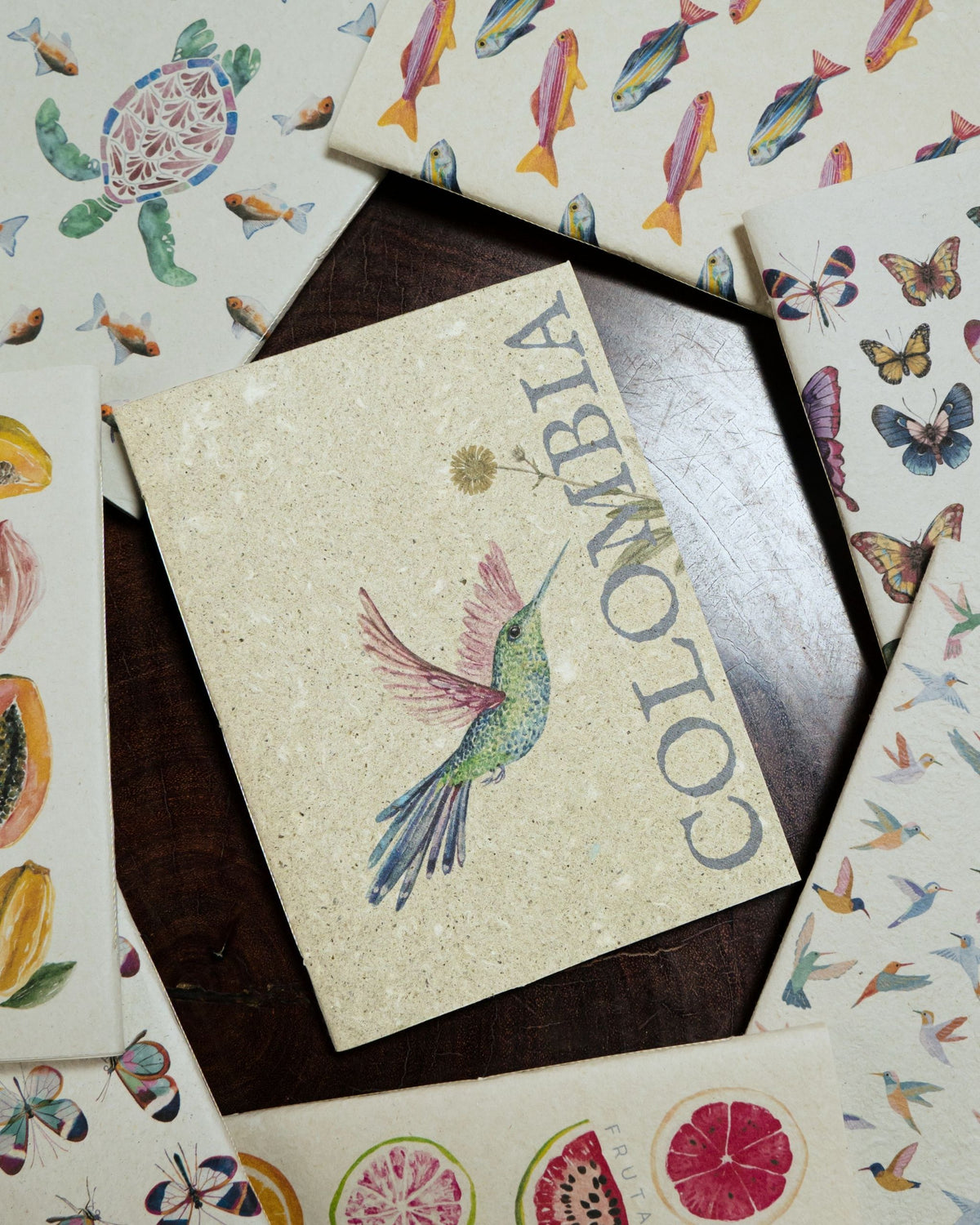Cuadernillo ecológico con motivo de Colibrí, el Ave de Colombia, fondo verde seco y detalles en colores grisáseos y azulejos.