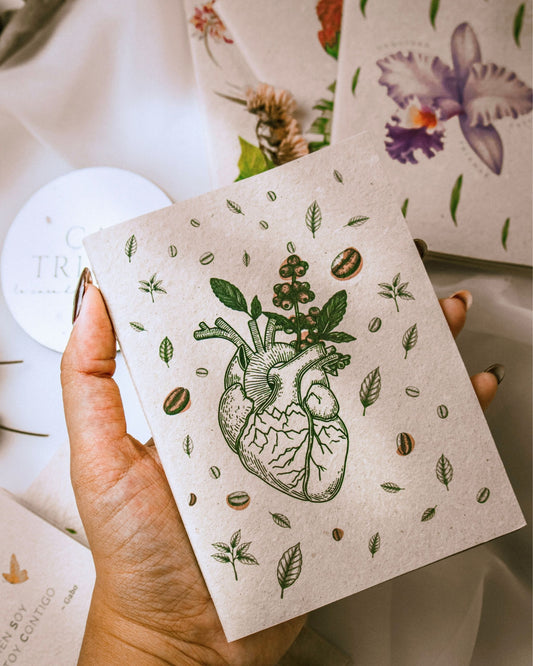 Cuadernillo ecológico con motivo de corazón y granos de café, fondo crudo con detalles en verde y marrón.