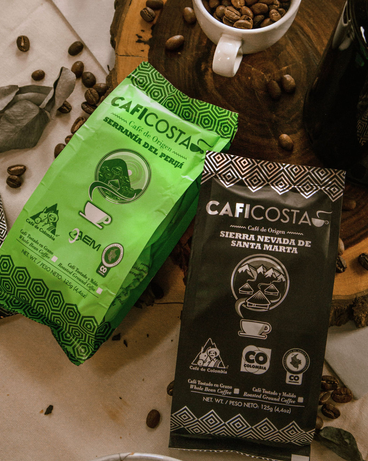 Café de origen Caficosta, Serranía del Perijá y Sierra Nevada de Santa Marta, en presentaciones de 125 g.