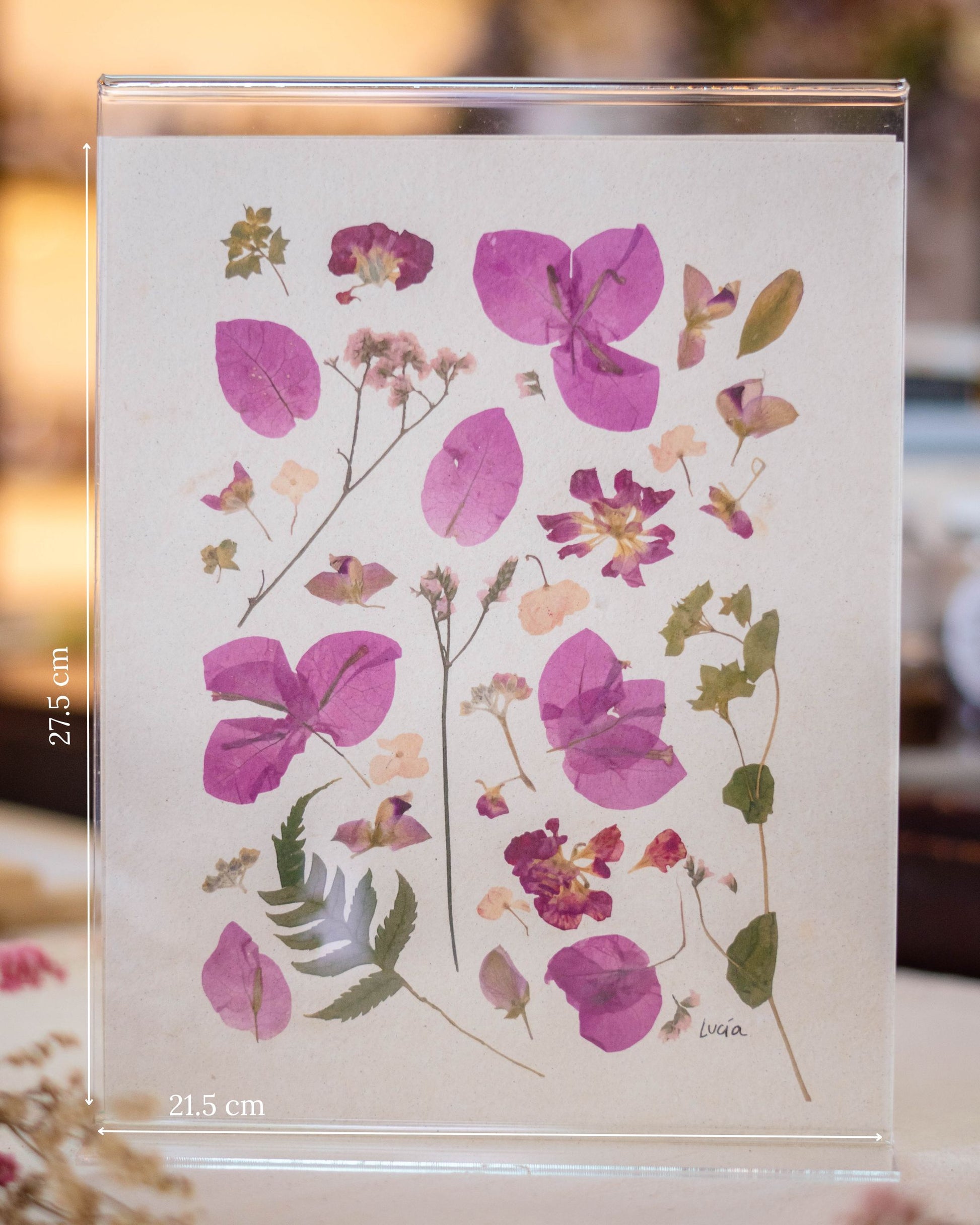 Prints de collage de flores colombianas prensadas autografiadas por la artista, con flores rosadas.