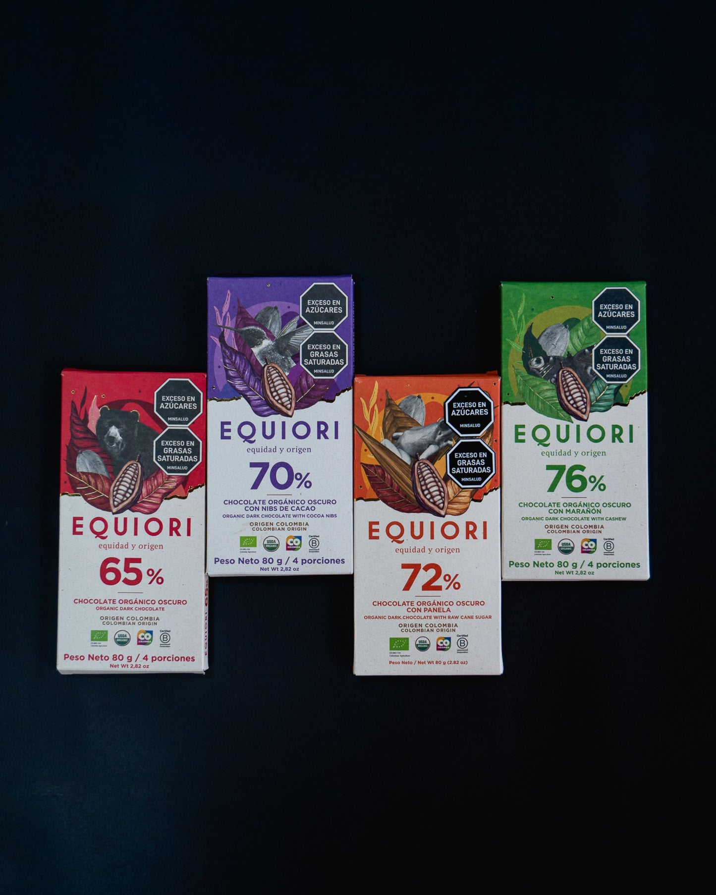 Barras de chocolate orgánico oscuro EQUIORI, origen Colombia