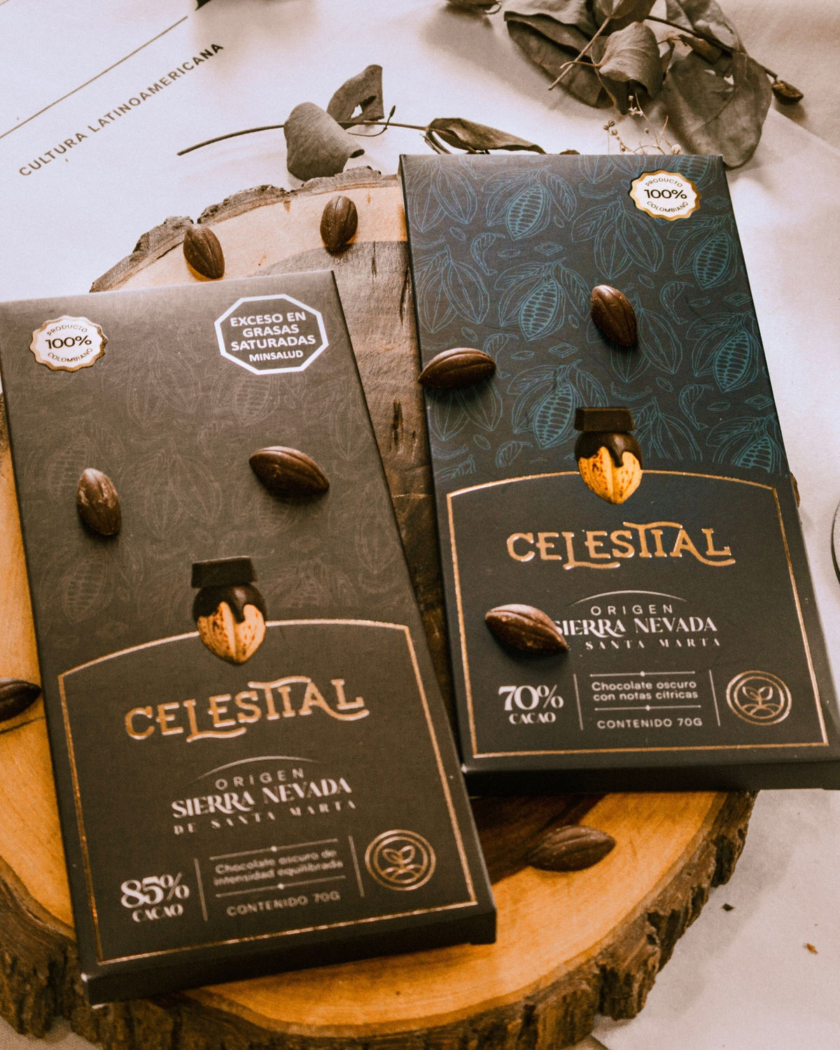 Barras de chocolate Celestial de 70% y 85% cacao, origen Sierra Nevada de Santa Marta.