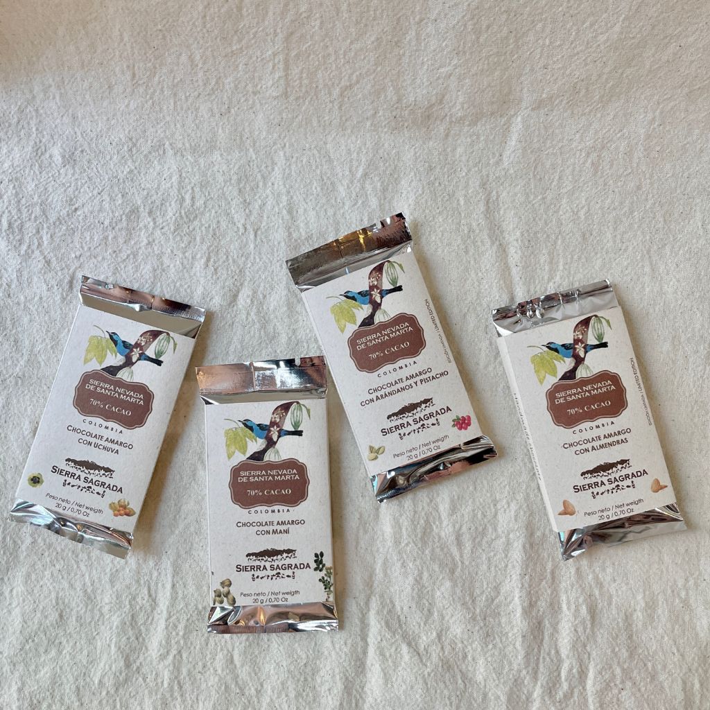 Mini chocolatinas con 70% de cacao proveniente de la Sierra Nevada de Santa Marta.