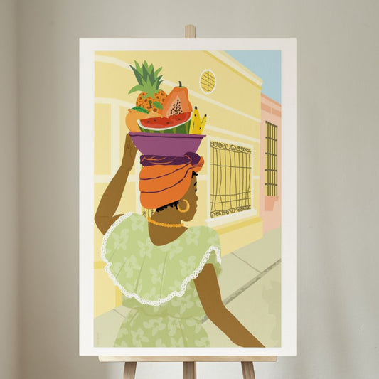 Poster colorido del Caribe Colombiano que ilustra a nuestra Palenquera.