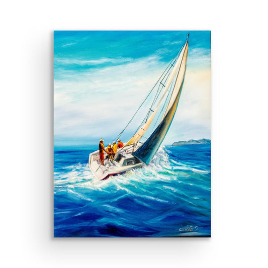 Obra de arte única en óleo sobre lienzo que ilustra aventuras en velero y mar caribe